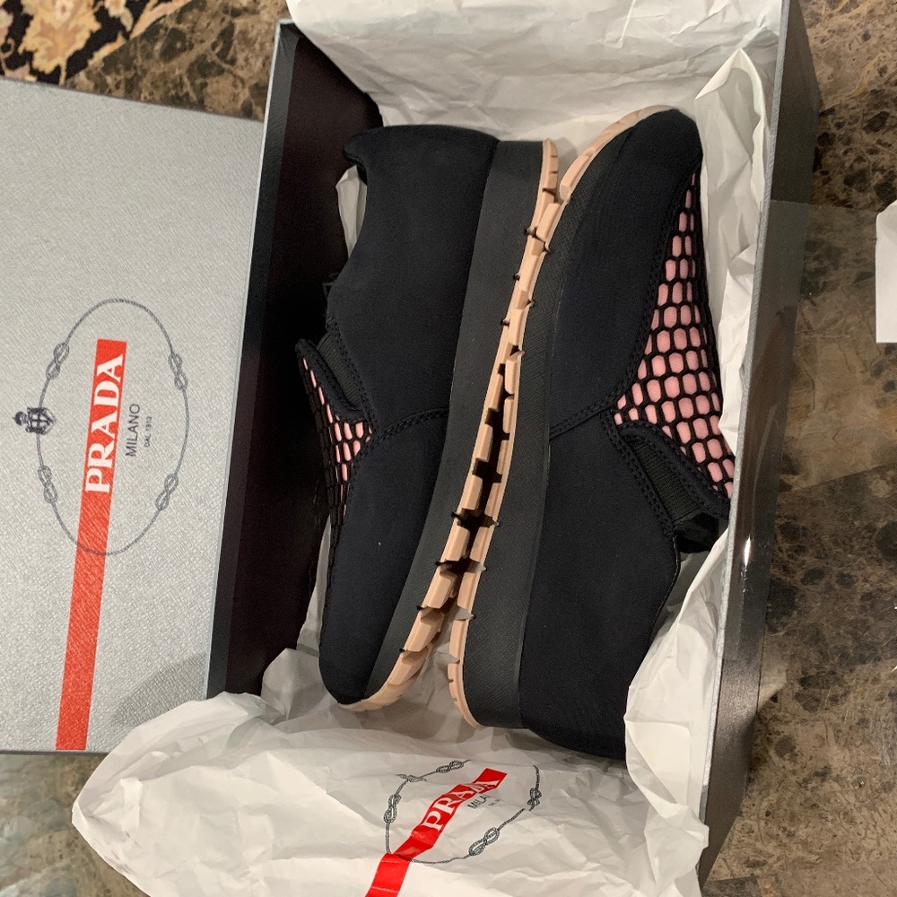 PRADA Women's Black/Pink Neoprene Honeycomb Sneake - Picture 4 of 11